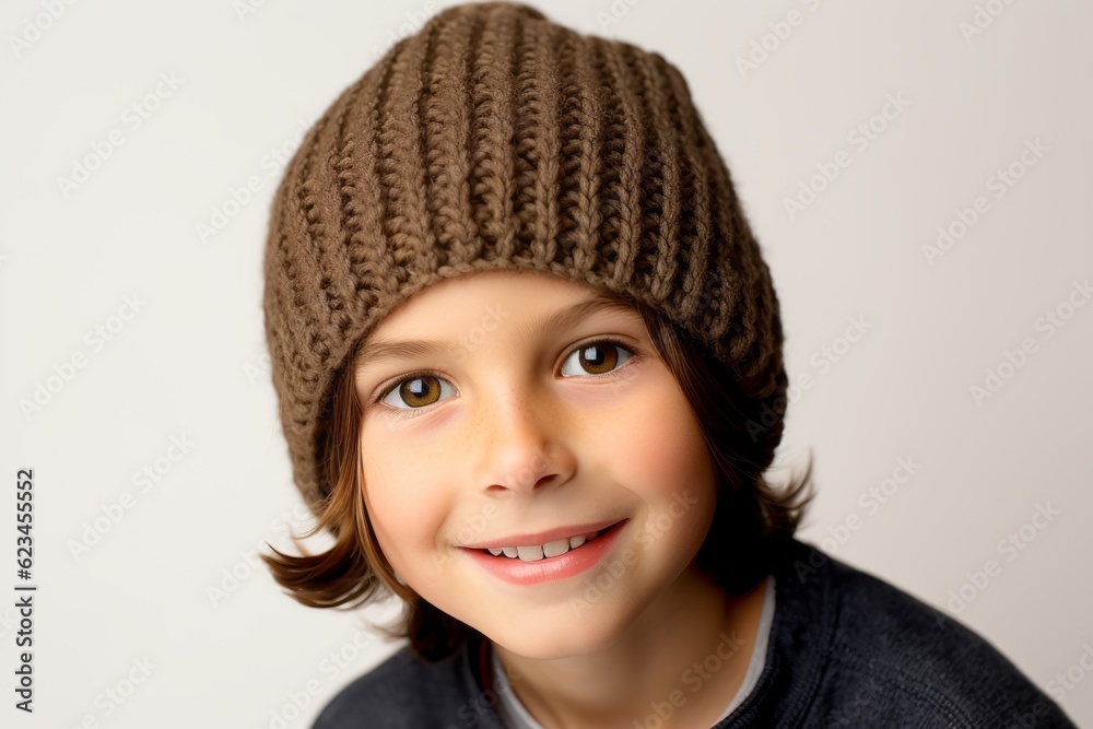 Headshot portrait photography of a tender boy in his 30s wearing a warm beanie or knit hat against a white background. With generative AI technology Headshot portrait photography of a tender boy in his 30s wearing a warm beanie or knit hat against a white background. With generative AI technology