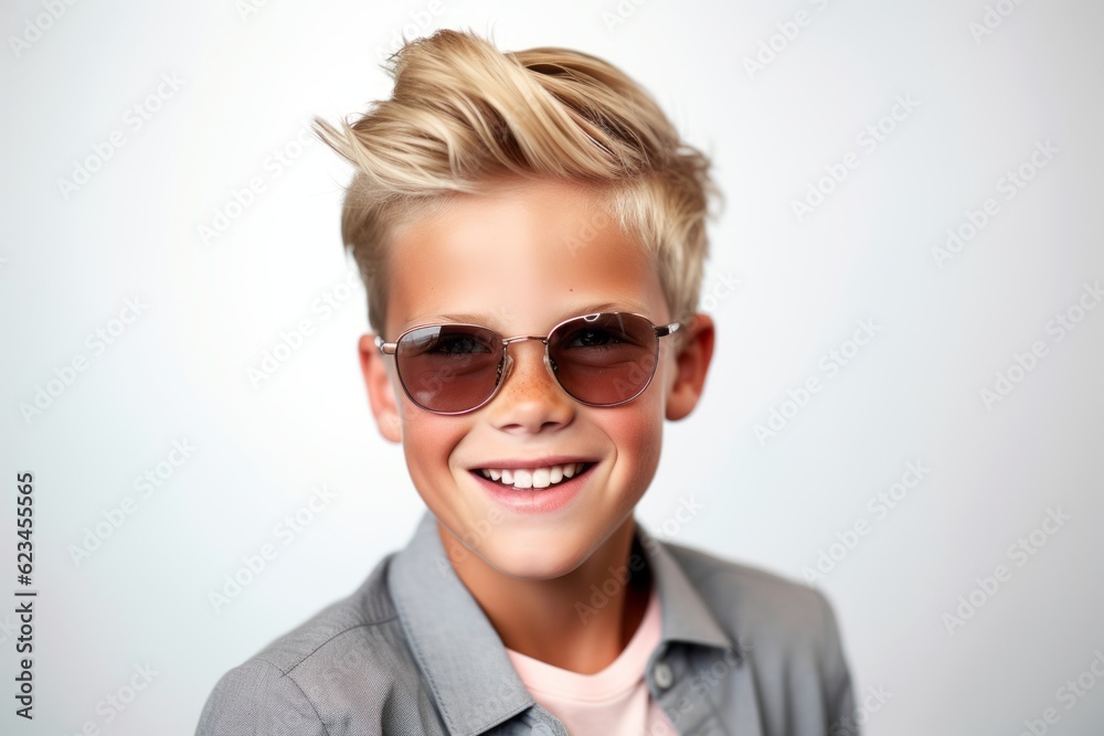 Lifestyle portrait photography of a tender boy in his 30s wearing a trendy sunglasses against a white background. With generative AI technology Lifestyle portrait photography of a tender boy in his 30s wearing a trendy sunglasses against a white background. With generative AI technology