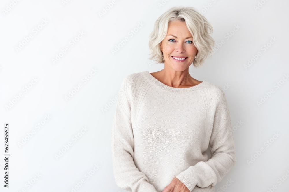 Studio portrait photography of a satisfied mature woman wearing a cozy sweater against a white background. With generative AI technology Studio portrait photography of a satisfied mature woman wearing a cozy sweater against a white background. With generative AI technology
