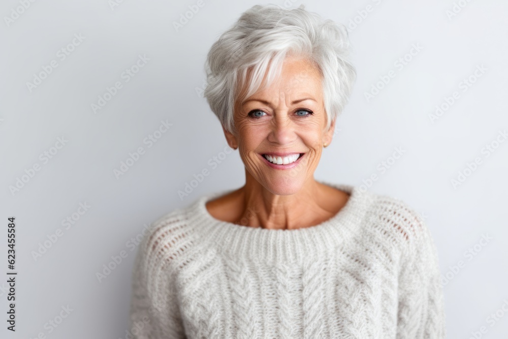 Studio portrait photography of a satisfied mature woman wearing a cozy sweater against a white background. With generative AI technology Studio portrait photography of a satisfied mature woman wearing a cozy sweater against a white background. With generative AI technology