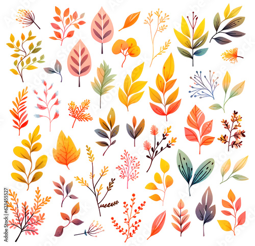 Assortment of different autumn leaves and tree branches in vivid autumn hues isolated collection over white