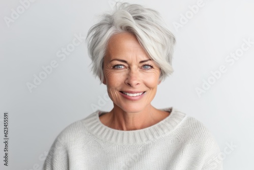 Studio portrait photography of a satisfied mature woman wearing a cozy sweater against a white background. With generative AI technology