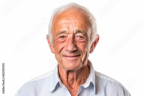 Environmental portrait photography of a grinning old man wearing a casual short-sleeve shirt against a white background. With generative AI technology © Markus Schröder