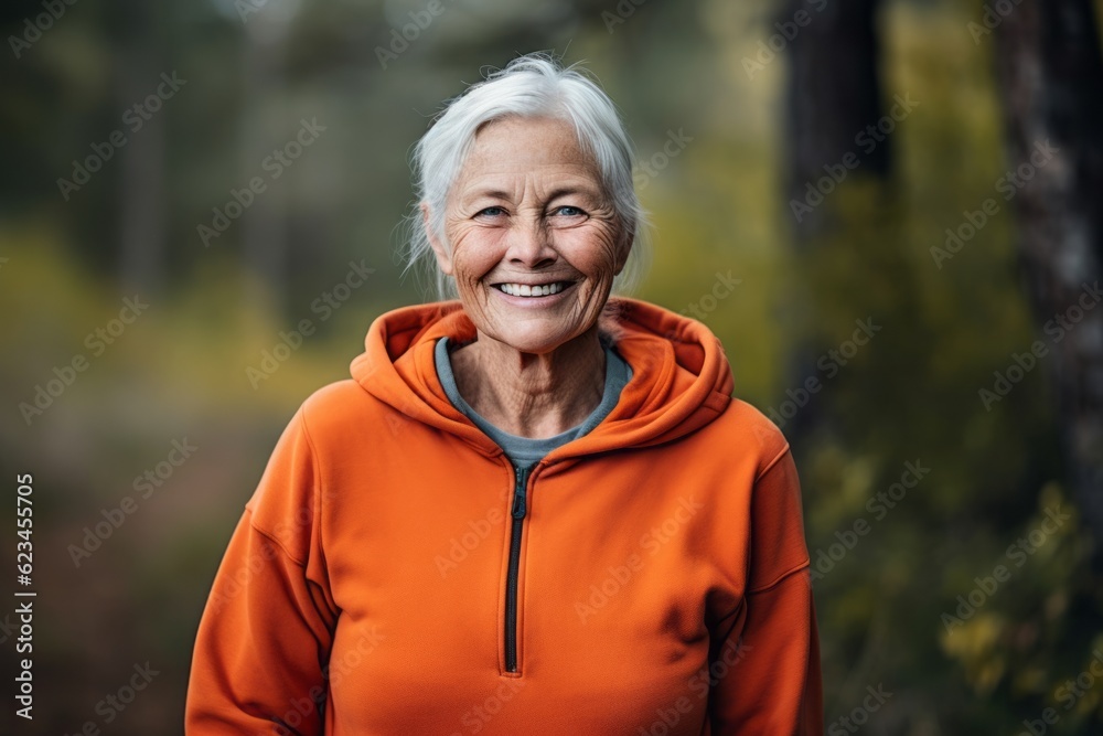 Three-quarter studio portrait photography of a happy old woman wearing a comfortable hoodie against a forest background. With generative AI technology Three-quarter studio portrait photography of a happy old woman wearing a comfortable hoodie against a forest background. With generative AI technology