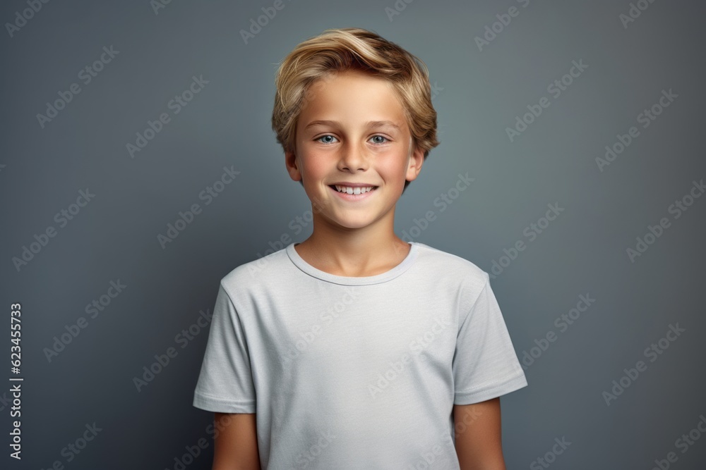 Three-quarter studio portrait photography of a grinning kid male wearing a casual t-shirt against a minimalist or empty room background. With generative AI technology Three-quarter studio portrait photography of a grinning kid male wearing a casual t-shirt against a minimalist or empty room background. With generative AI technology