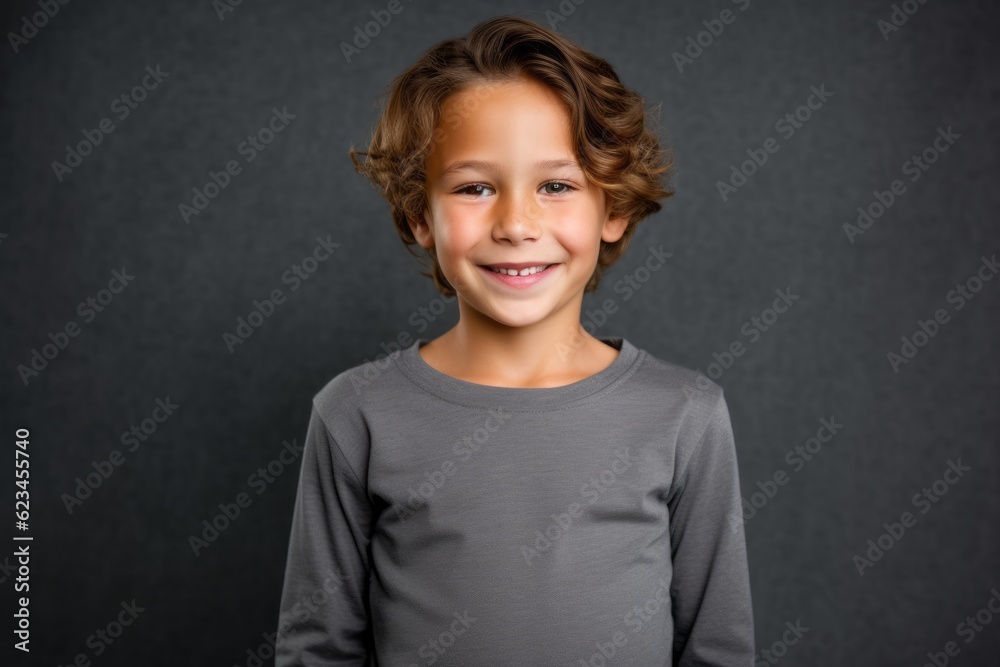 Three-quarter studio portrait photography of a grinning kid male wearing a casual t-shirt against a minimalist or empty room background. With generative AI technology Three-quarter studio portrait photography of a grinning kid male wearing a casual t-shirt against a minimalist or empty room background. With generative AI technology