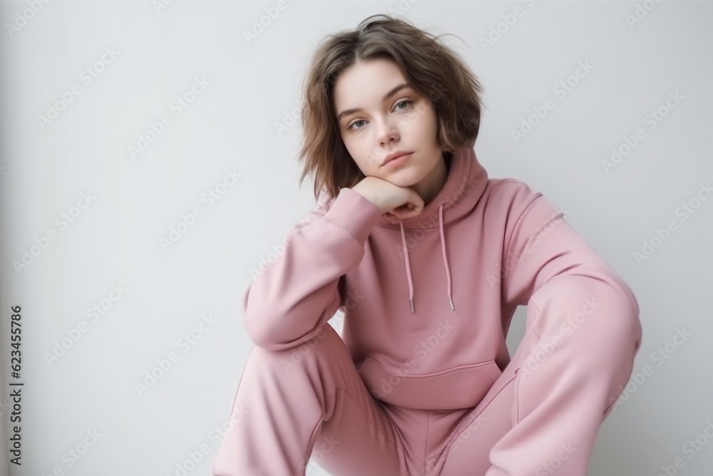 Photography in the style of pensive portraiture of a tender mature girl wearing a comfortable tracksuit against a minimalist or empty room background. With generative AI technology Photography in the style of pensive portraiture of a tender mature girl wearing a comfortable tracksuit against a minimalist or empty room background. With generative AI technology