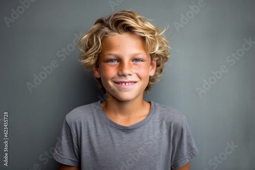 Three-quarter studio portrait photography of a grinning kid male wearing a casual t-shirt against a minimalist or empty room background. With generative AI technology