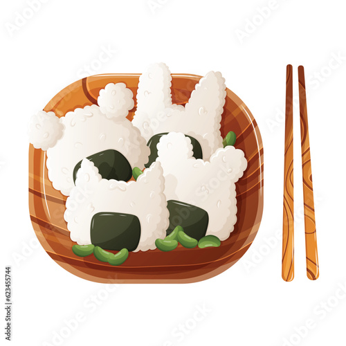 Japanese child onigiri rice balls with nori vector illustration. Onigiri for children on a plate. Traditional asian food. Restaurant, cafe design element. Banner, flyer.