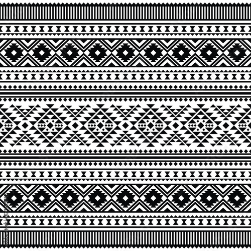 Aztec geometric seamless ethnic pattern. Tribal traditional ornament motif design for textile. Black and white colors.