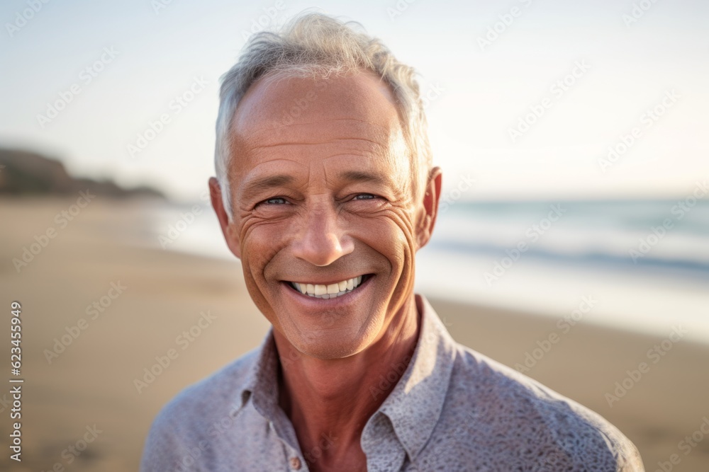 Close-up portrait photography of a joyful mature man wearing a classy button-up shirt against a beach background. With generative AI technology