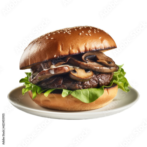 Grilled Portobello Mushroom Burger isolated on transparent background. Generative AI