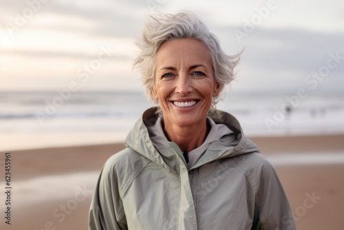 Medium shot portrait photography of a happy mature woman wearing a lightweight windbreaker against a beach background. With generative AI technology