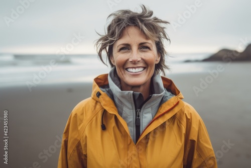 Medium shot portrait photography of a happy mature woman wearing a lightweight windbreaker against a beach background. With generative AI technology © Markus Schröder