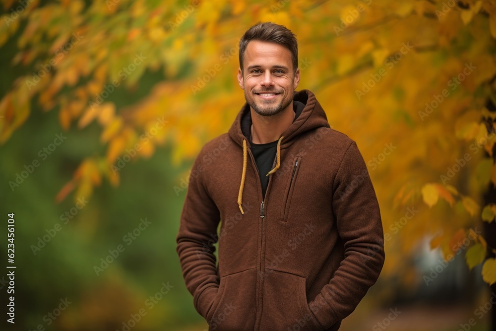 Lifestyle portrait photography of a satisfied boy in his 30s wearing a comfortable hoodie against an autumn foliage background. With generative AI technology