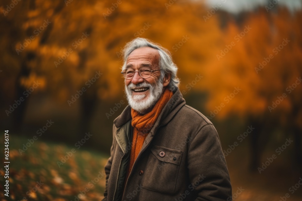 Medium shot portrait photography of a grinning old man wearing a cozy winter coat against an autumn foliage background. With generative AI technology