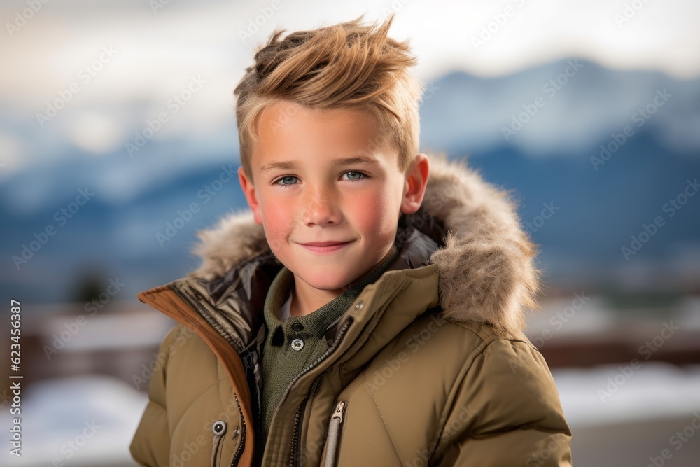 Urban fashion portrait photography of a glad kid male wearing a cozy winter coat against a mountain range background. With generative AI technology Urban fashion portrait photography of a glad kid male wearing a cozy winter coat against a mountain range background. With generative AI technology