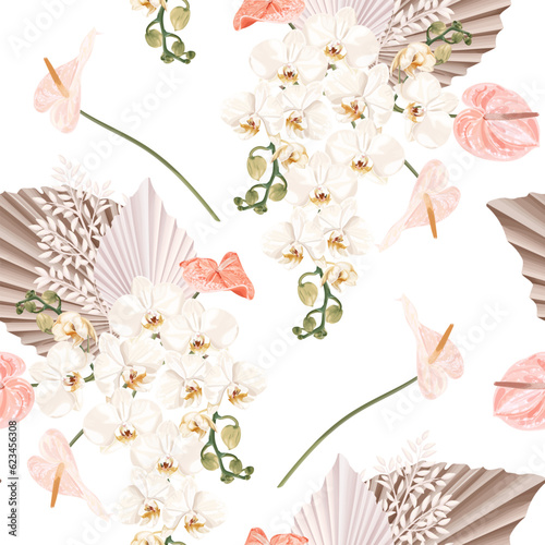 Floral seamless pattern with white orchid flowers, anthurium, palm leaves and dry plants in boho style. Stock vector illustration on a white background.