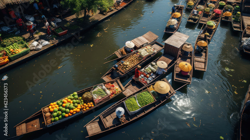 Aerial view famous asian floating market, Farmer go to sell organic products, fruits, vegetables and Thai cuisine, Tourists visiting by boat © PaulShlykov