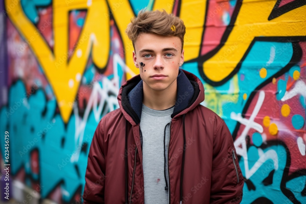 Three-quarter studio portrait photography of a tender boy in his 30s wearing a lightweight windbreaker against a colorful graffiti wall background. With generative AI technology Three-quarter studio portrait photography of a tender boy in his 30s wearing a lightweight windbreaker against a colorful graffiti wall background. With generative AI technology