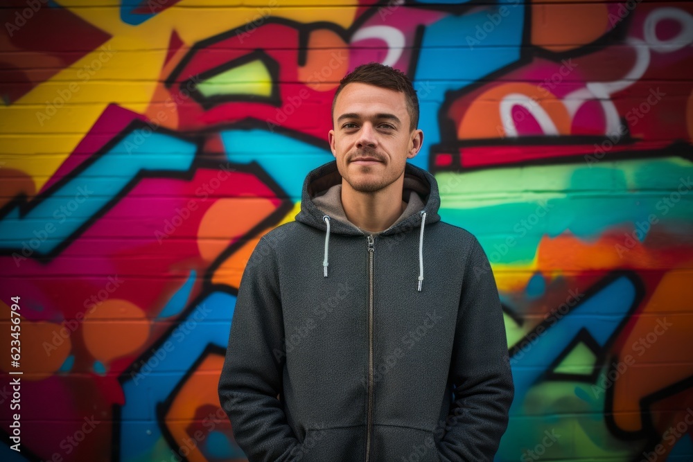 Lifestyle portrait photography of a glad boy in his 30s wearing a comfortable hoodie against a colorful graffiti wall background. With generative AI technology Lifestyle portrait photography of a glad boy in his 30s wearing a comfortable hoodie against a colorful graffiti wall background. With generative AI technology
