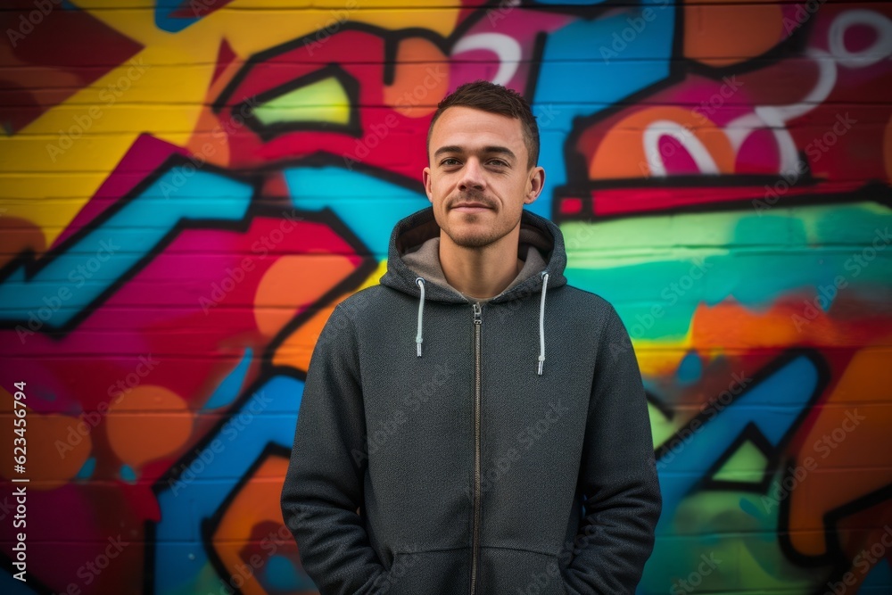 Lifestyle portrait photography of a glad boy in his 30s wearing a comfortable hoodie against a colorful graffiti wall background. With generative AI technology