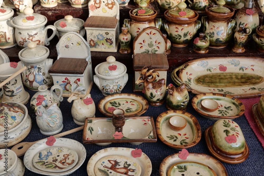 Beautiful colorful traditional ceramic crafted decoration items in the handicraft market.
