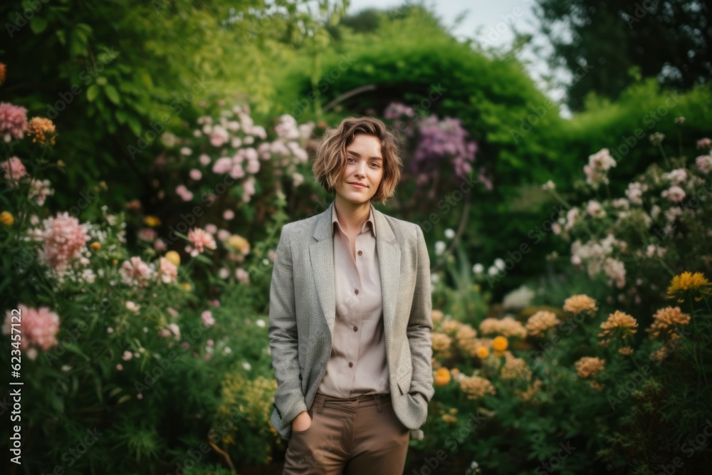 Eclectic portrait photography of a glad girl in her 30s wearing a classic blazer against a lush garden background. With generative AI technology