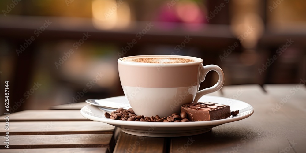 White cup of hot chocolate on blurred cafe background on vintage wooden Table