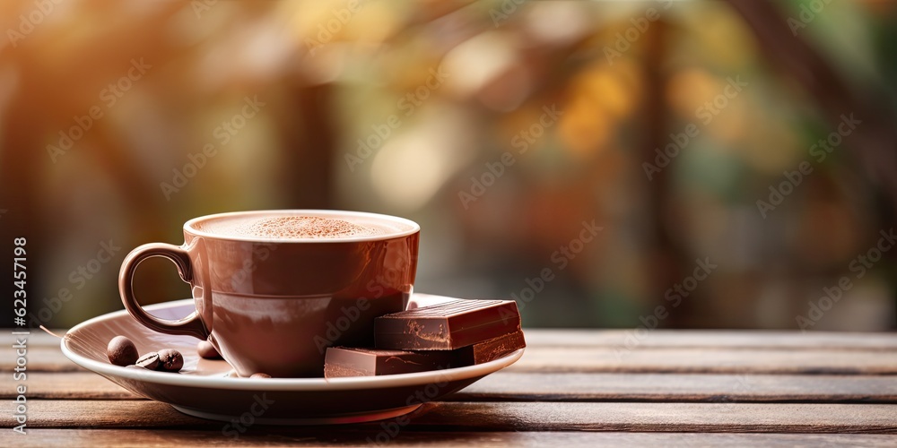 Obraz premium White cup of hot chocolate on blurred cafe background on vintage wooden Table
