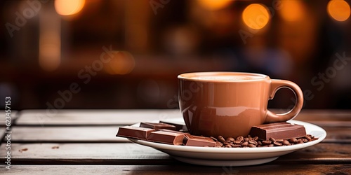 White cup of hot chocolate on blurred cafe background on vintage wooden Table