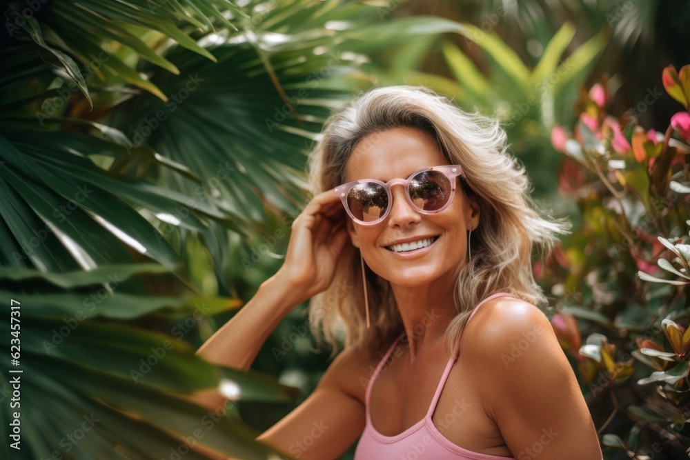 Lifestyle portrait photography of a satisfied mature woman wearing a daring bikini and trendy sunglasses against a lush garden background. With generative AI technology Lifestyle portrait photography of a satisfied mature woman wearing a daring bikini and trendy sunglasses against a lush garden background. With generative AI technology