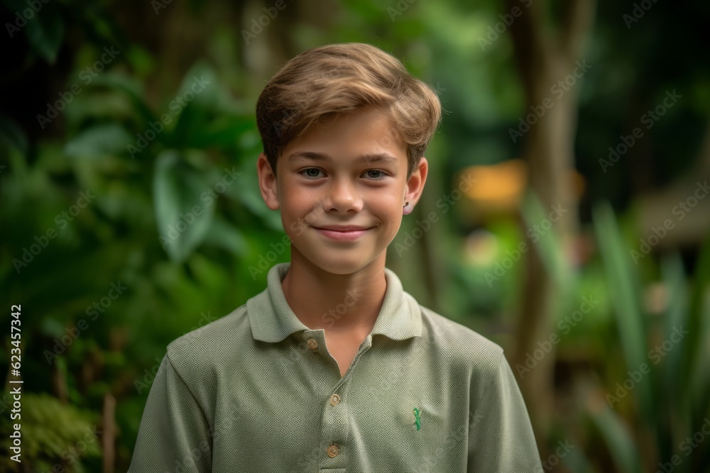 Medium shot portrait photography of a happy mature boy wearing a sporty polo shirt against a lush garden background. With generative AI technology Medium shot portrait photography of a happy mature boy wearing a sporty polo shirt against a lush garden background. With generative AI technology