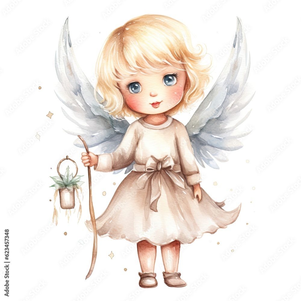 Drawing of a little girl with angel wings in watercolor Drawing of a little girl with angel wings in watercolor
