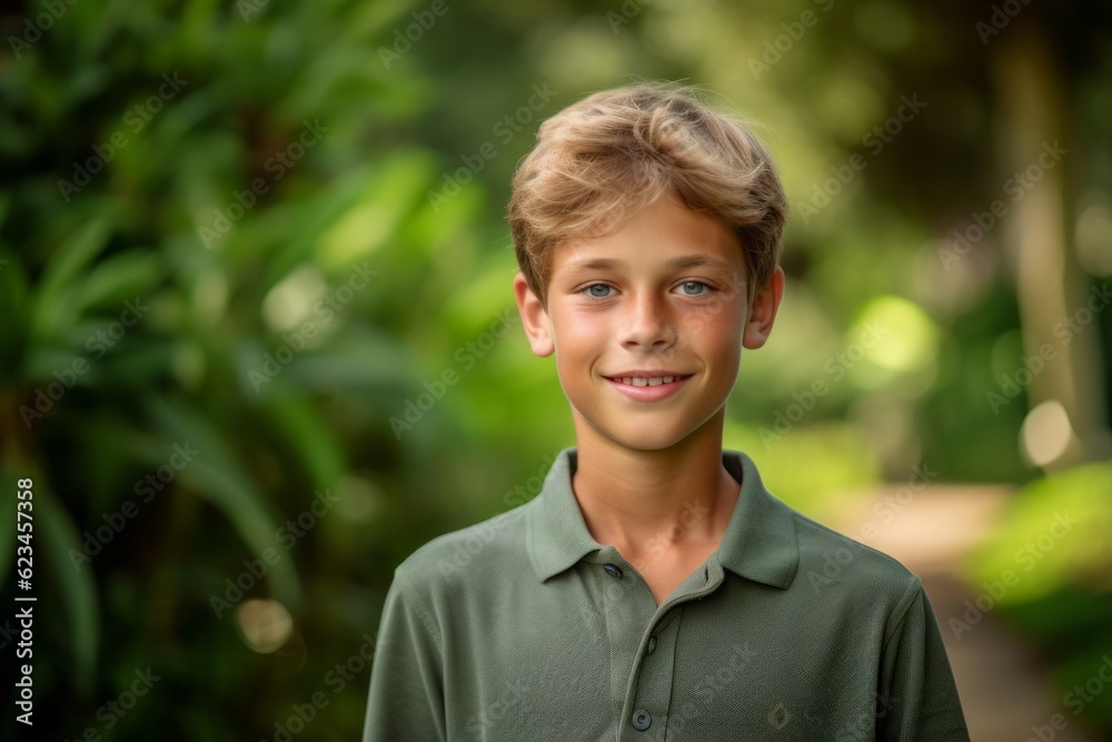 Medium shot portrait photography of a happy mature boy wearing a sporty polo shirt against a lush garden background. With generative AI technology Medium shot portrait photography of a happy mature boy wearing a sporty polo shirt against a lush garden background. With generative AI technology