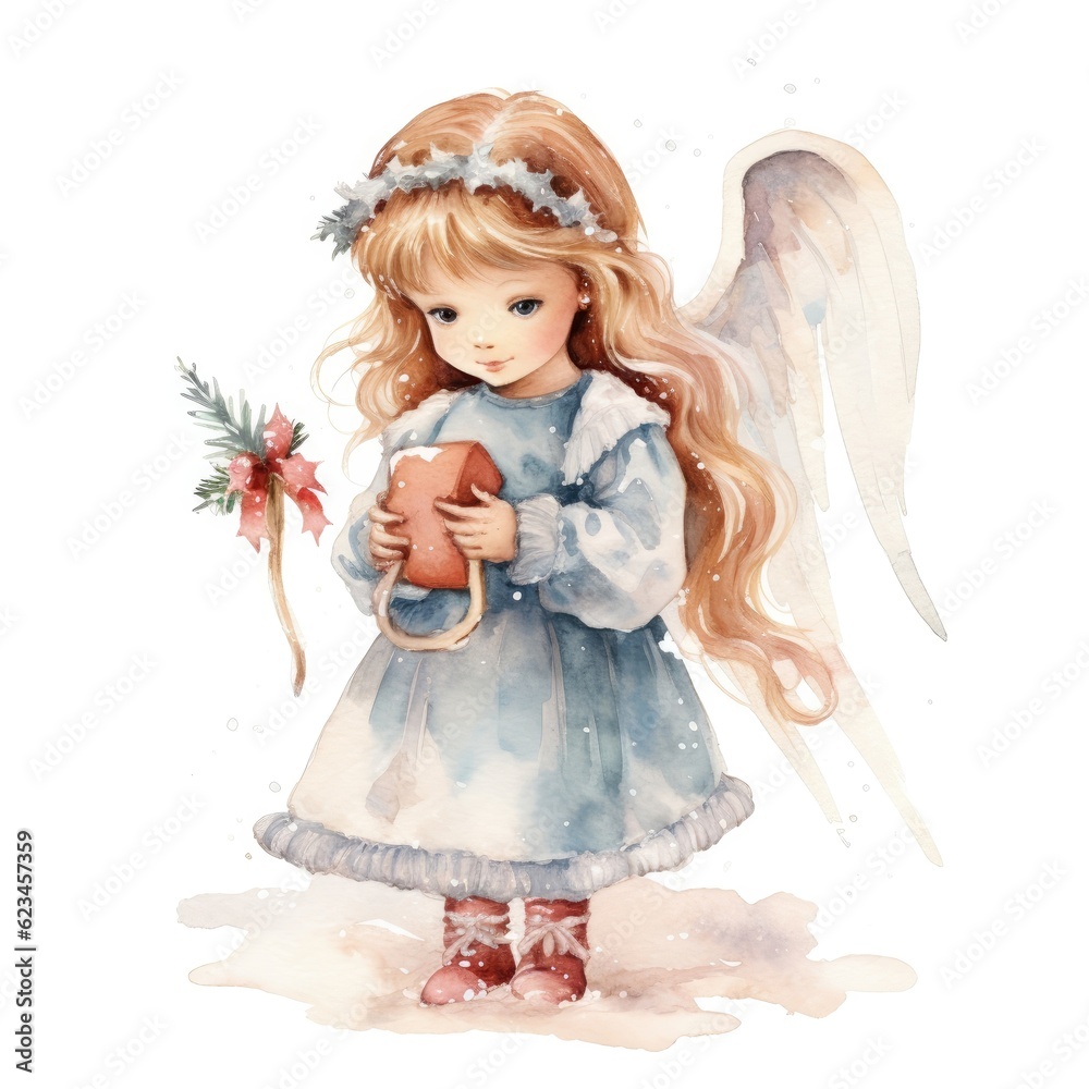 Drawing of a little girl with angel wings in watercolor