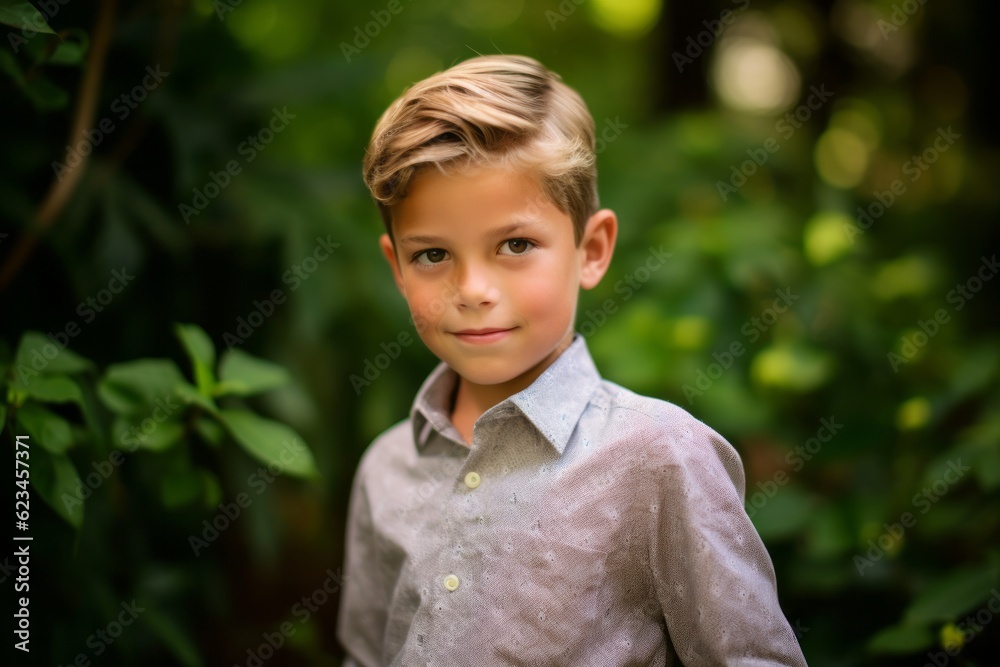 Close-up portrait photography of a glad mature boy wearing a classy button-up shirt against a lush garden background. With generative AI technology Close-up portrait photography of a glad mature boy wearing a classy button-up shirt against a lush garden background. With generative AI technology