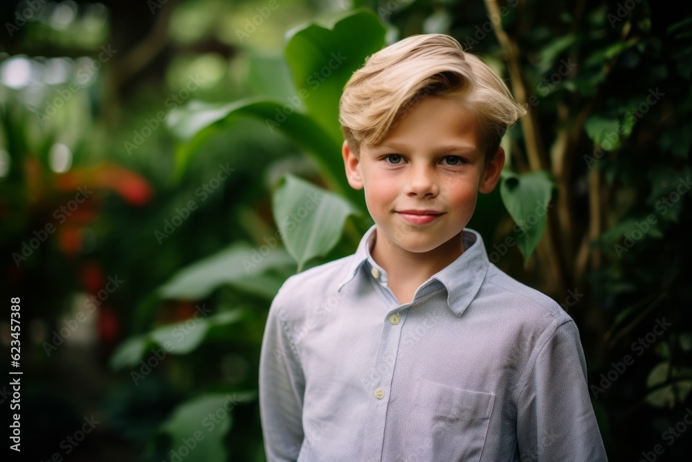 Close-up portrait photography of a glad mature boy wearing a classy button-up shirt against a lush garden background. With generative AI technology Close-up portrait photography of a glad mature boy wearing a classy button-up shirt against a lush garden background. With generative AI technology