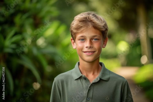 Medium shot portrait photography of a happy mature boy wearing a sporty polo shirt against a lush garden background. With generative AI technology