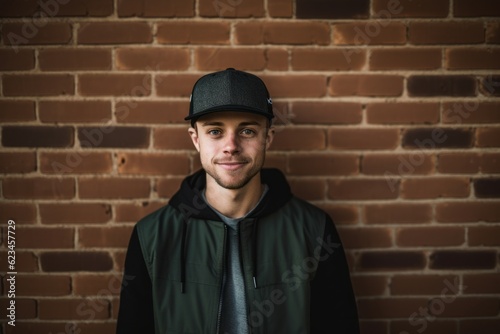 Environmental portrait photography of a tender boy in his 30s wearing a cool cap against a brick wall background. With generative AI technology