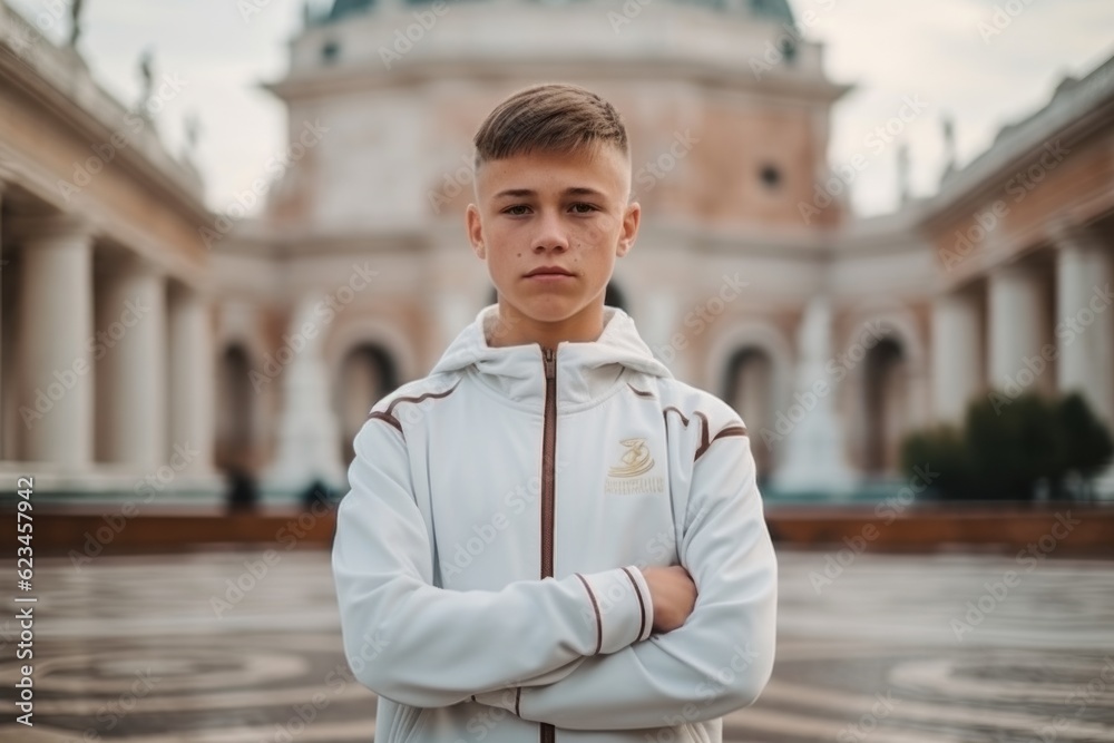 Medium shot portrait photography of a tender mature boy wearing a comfortable tracksuit against a historical monument background. With generative AI technology