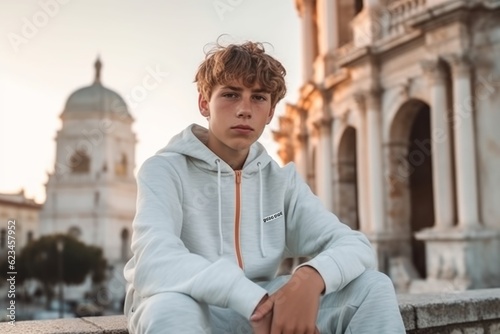 Medium shot portrait photography of a tender mature boy wearing a comfortable tracksuit against a historical monument background. With generative AI technology