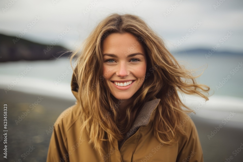 Sports portrait photography of a happy girl in her 30s wearing a cozy winter coat against a tropical island background. With generative AI technology Sports portrait photography of a happy girl in her 30s wearing a cozy winter coat against a tropical island background. With generative AI technology