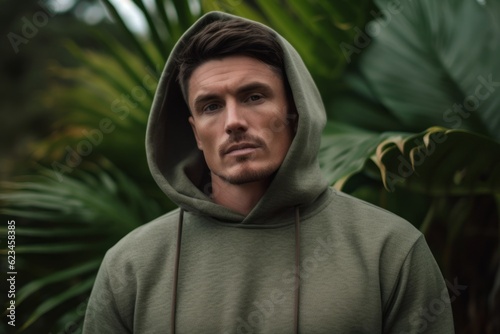 Photography in the style of pensive portraiture of a tender boy in his 30s wearing a stylish hoodie against a tropical island background. With generative AI technology
