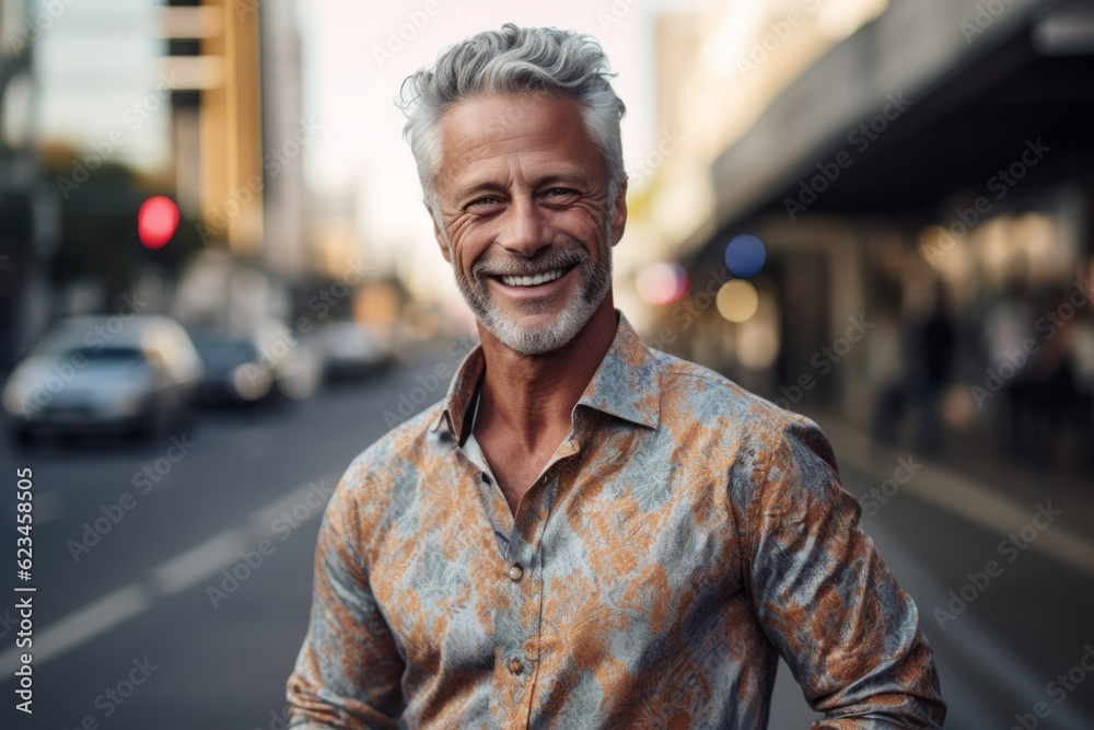 Casual fashion portrait photography of a happy mature man wearing an elegant long-sleeve shirt against a busy street background. With generative AI technology Casual fashion portrait photography of a happy mature man wearing an elegant long-sleeve shirt against a busy street background. With generative AI technology