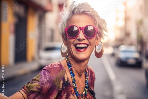 Eclectic portrait photography of a happy mature girl wearing a trendy sunglasses against a busy street background. With generative AI technology