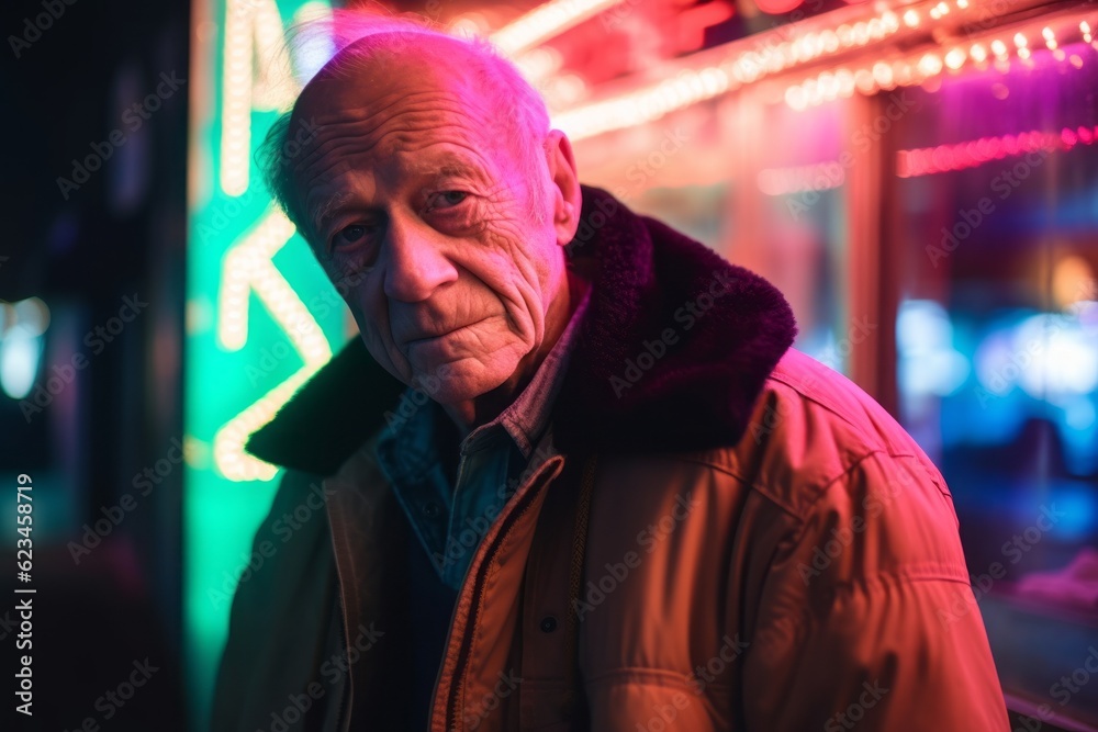 Close-up portrait photography of a tender old man wearing a cozy winter coat against a neon sign background. With generative AI technology