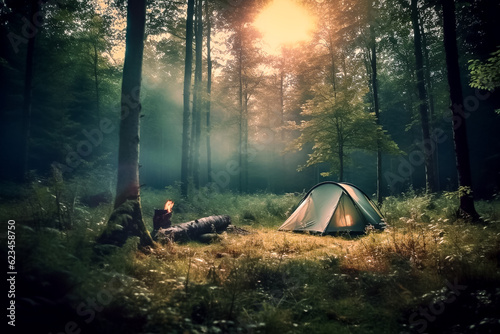 Camping sauvage dans la forêt - Générative IA