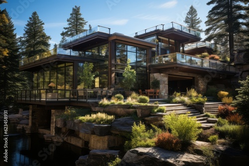 Lodge sustainable features such as passive solar design, energy-efficient systems, green roofs. Generative Ai