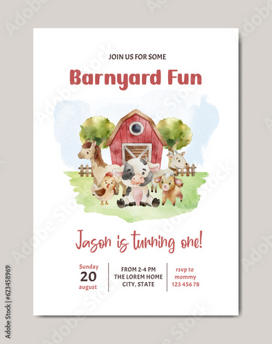 birthday invitation card with farmland theme watercolor background